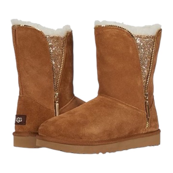 UGG Shoes - Ugg Australia Authentic Tan Suede Classic Sequin Inset Zip Sheepskin Boots